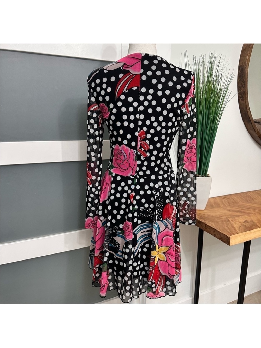 Floral Polka Dot Long-Sleeve Fit & Flare Dress - Black with Pink Accents - Picture 2 of 5